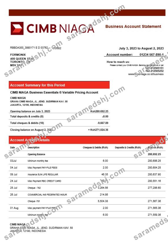 CIMB Niaga Bank business checking account statement Word and PDF template